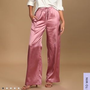 Lulu's Satin Wide-Leg Drawstring Pants in Dusty Rose